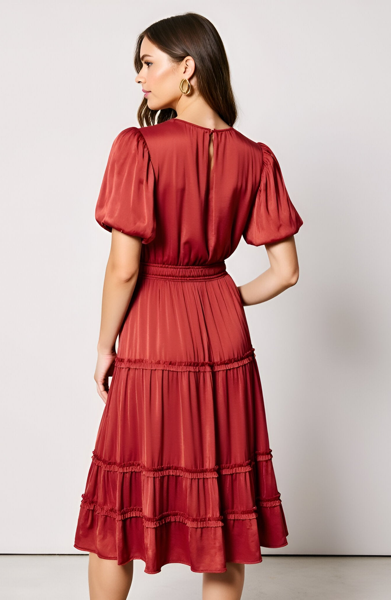 Modenaire Tiered Puff-Sleeve Shirred Elastic-Waistband Midi Dress, Alternate, color, Rust Red