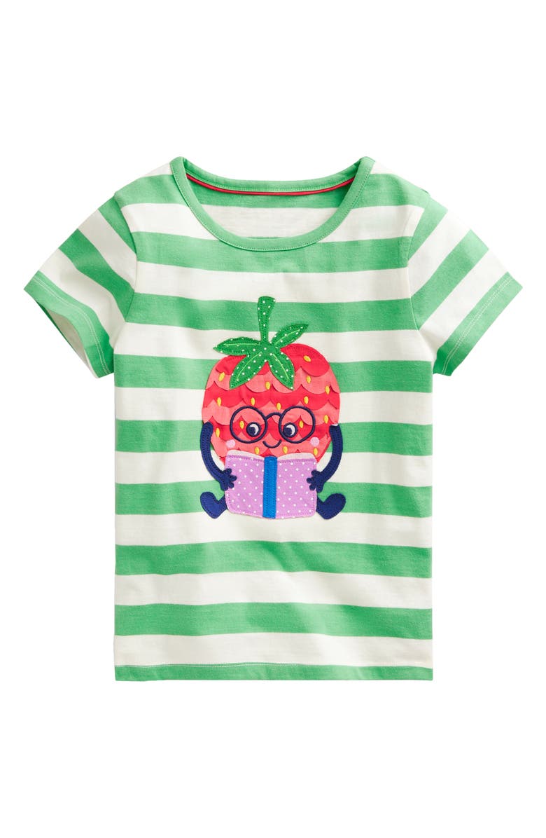 Mini Boden Kids' Reading Strawberry Appliqué Cotton Graphic T-Shirt, Main, color, 