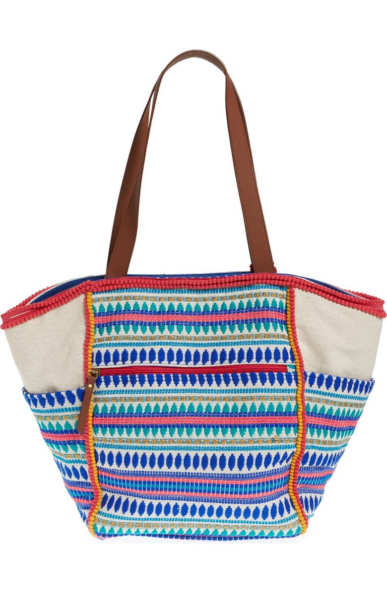 STEVEN by Steve Madden Embroidered Pompom Tote, Alternate, color,