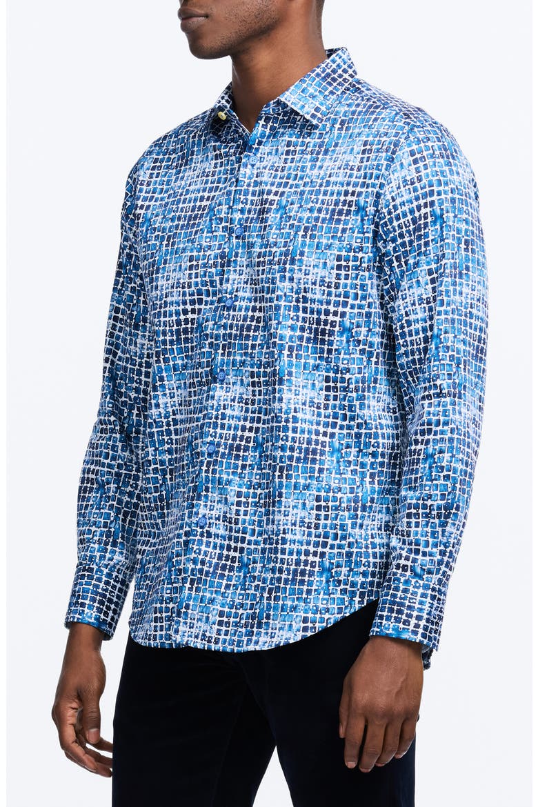 Hester Tile Print Stretch Cotton Button-Up Shirt, Alternate, color, BLUE