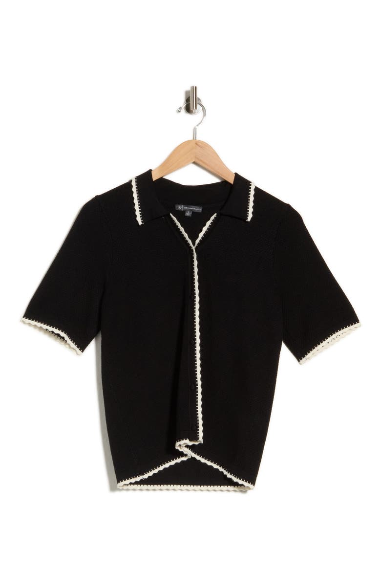 Scallop Trim Short Sleeve Polo Sweater, Main, color, BLACK/ CREAM