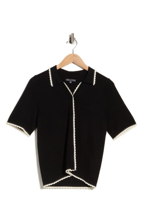 Scallop Trim Short Sleeve Polo Sweater