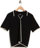 Adrianna Papell Scallop Trim Short Sleeve Polo Sweater
