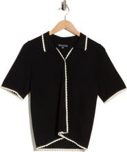 Adrianna Papell Scallop Trim Short Sleeve Polo Sweater