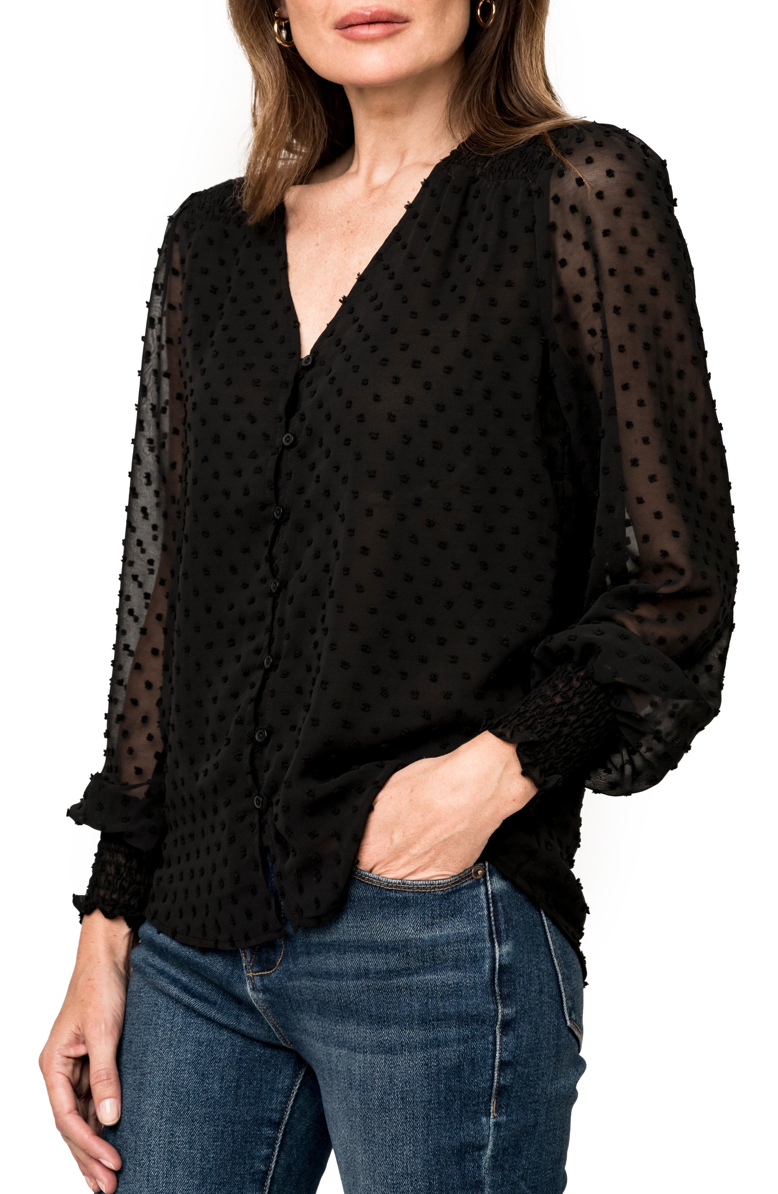 Pin Dot Smocked Detail V-Neck Blouse