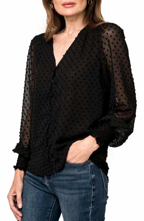 Pin Dot Smocked Detail V-Neck Blouse