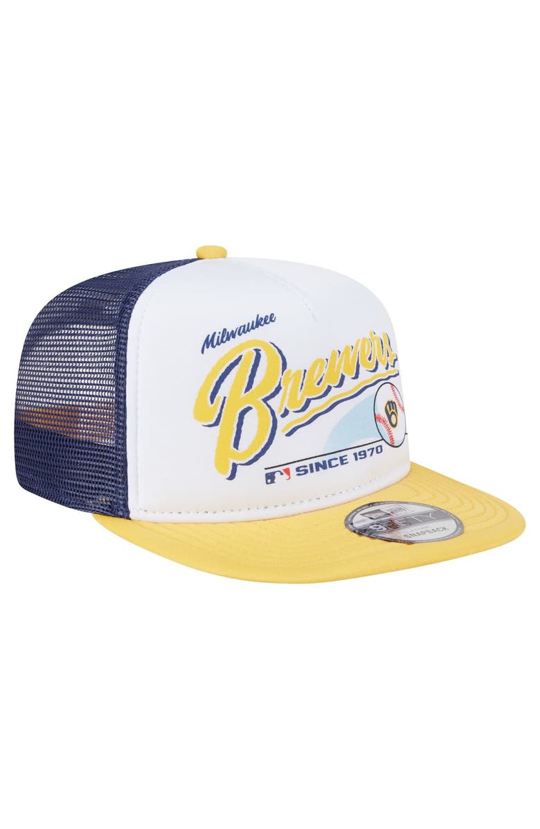 New Era Men's New Era White/Gold Milwaukee Brewers Retro Script Trucker 9FIFTY Snapback Hat, Alternate, color, 