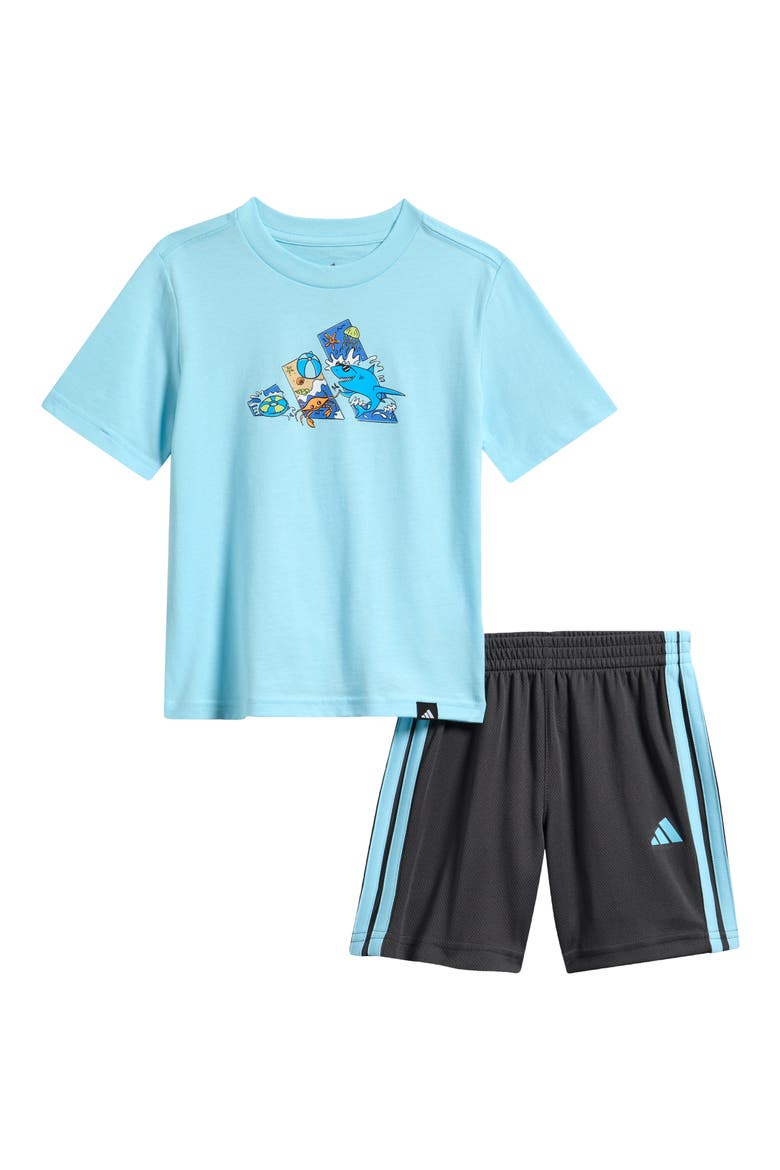 Kids' Graphic Print T-Shirt & 3-Stripes Shorts Set, Main, color, FROZEN BLUE