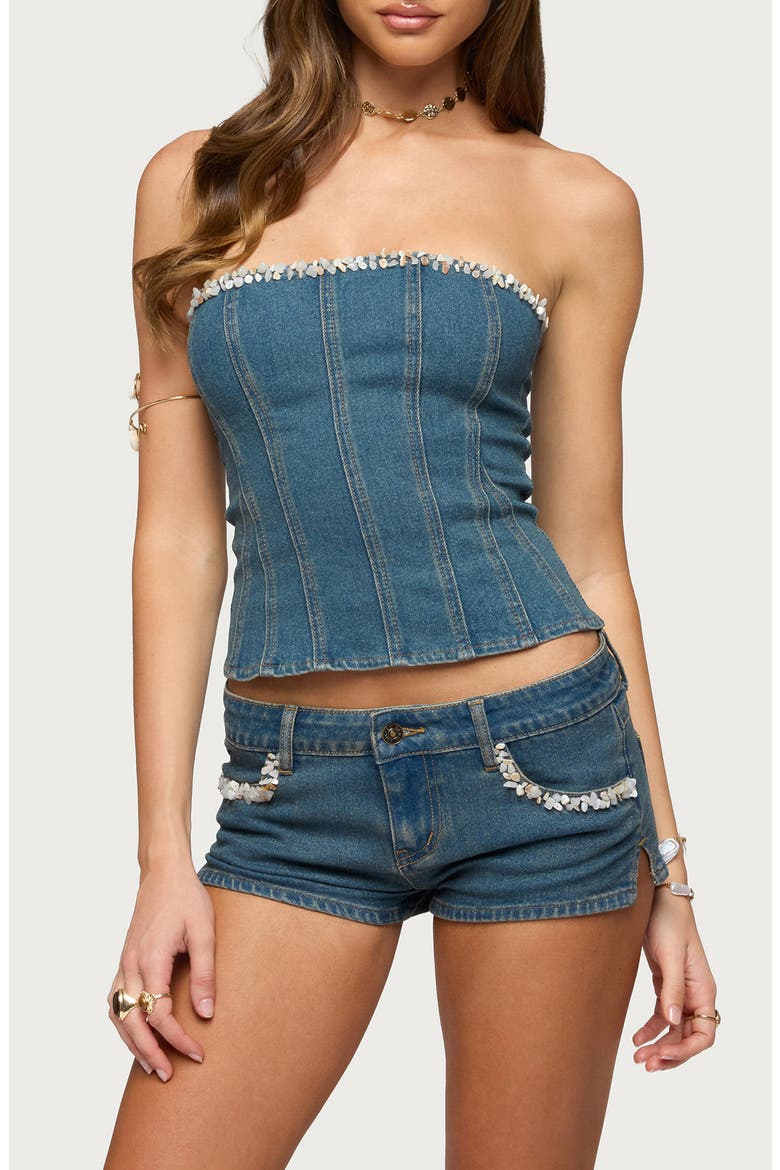 Zenna Beaded Strapless Denim Corset Top, Main, color, BLUE-WASHED