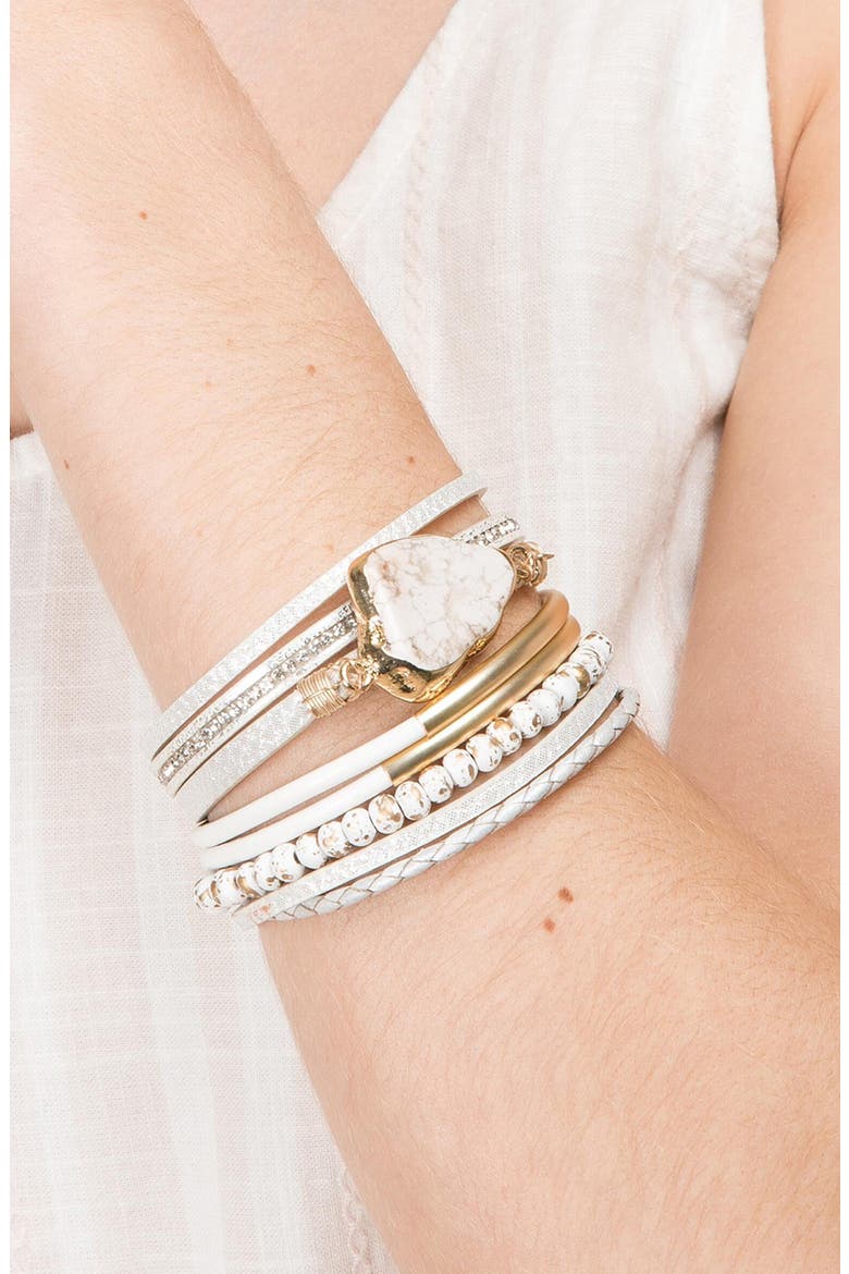 Aria Natural Stone Beaded Leather Magnetic Bracelet, Alternate, color, WHITE