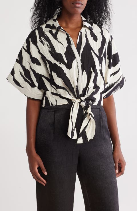Front Tie Textured Popover Top