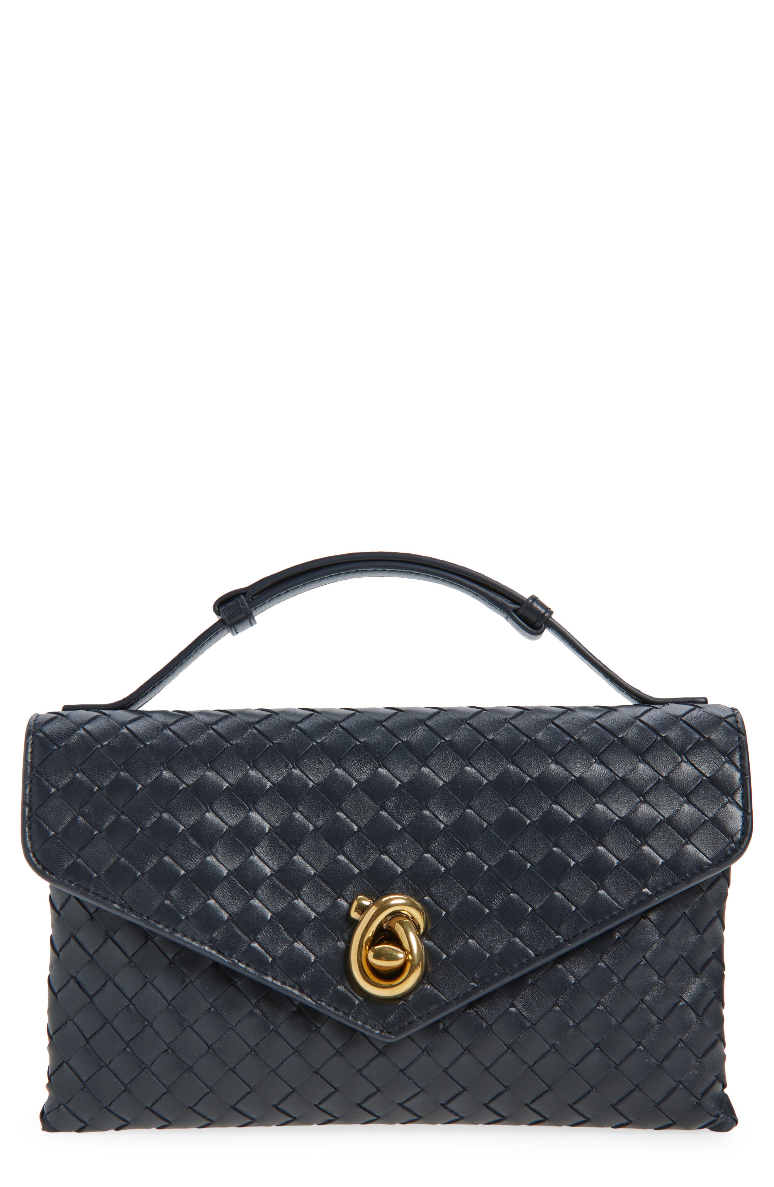 Bottega Veneta Knot Lock Intrecciato Leather Shoulder Bag, Main, color, 4338 Midnight-Muse Brass