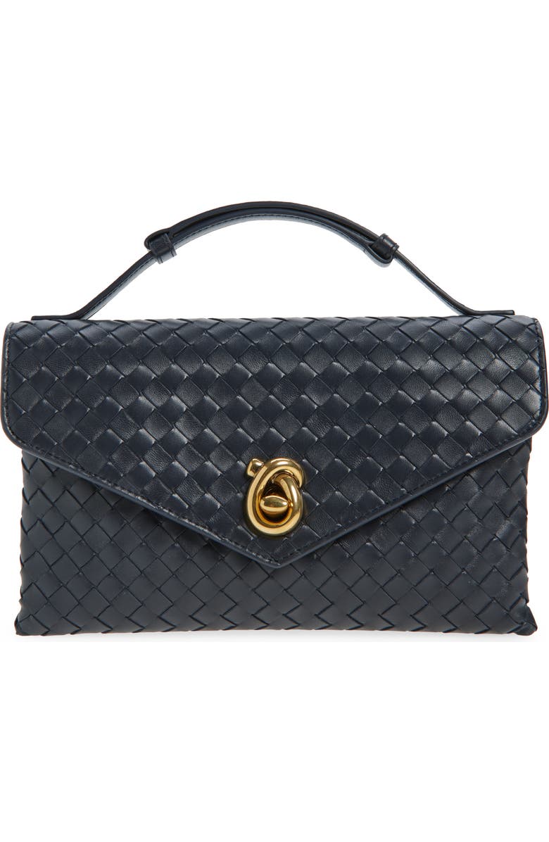 Bottega Veneta Knot Lock Intrecciato Leather Shoulder Bag, Main, color, 4338 Midnight-Muse Brass