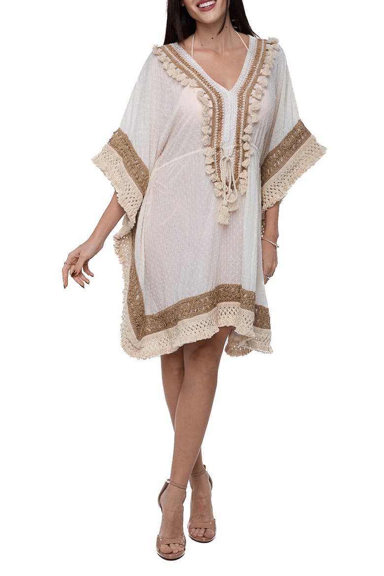 Tassel Trim Cotton Dobby Caftan, Main, color, IVORY