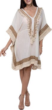 RANEES Tassel Trim Cotton Dobby Caftan