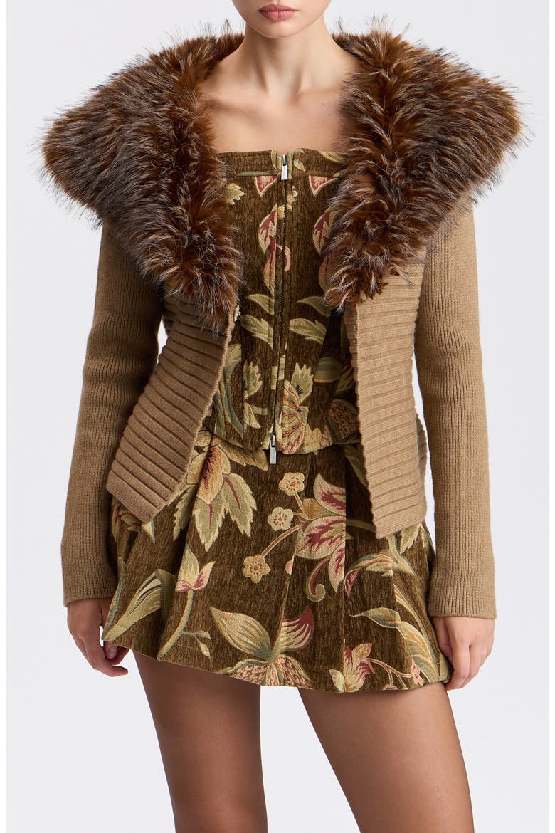 Faux Fur Collar Ribbed Cardigan, Alternate, color, CAMEL