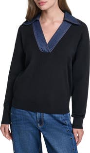 KARL LAGERFELD PARIS Denim Collar V-Neck Sweater
