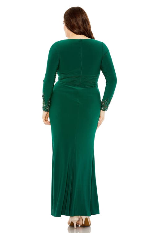 Mac Duggal Long Crystal Detail Sleeve V Neck Gown In Emerald