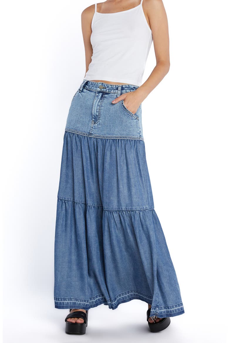 Contrast Tiered Denim Maxi Skirt, Main, color, DENIM LOVE