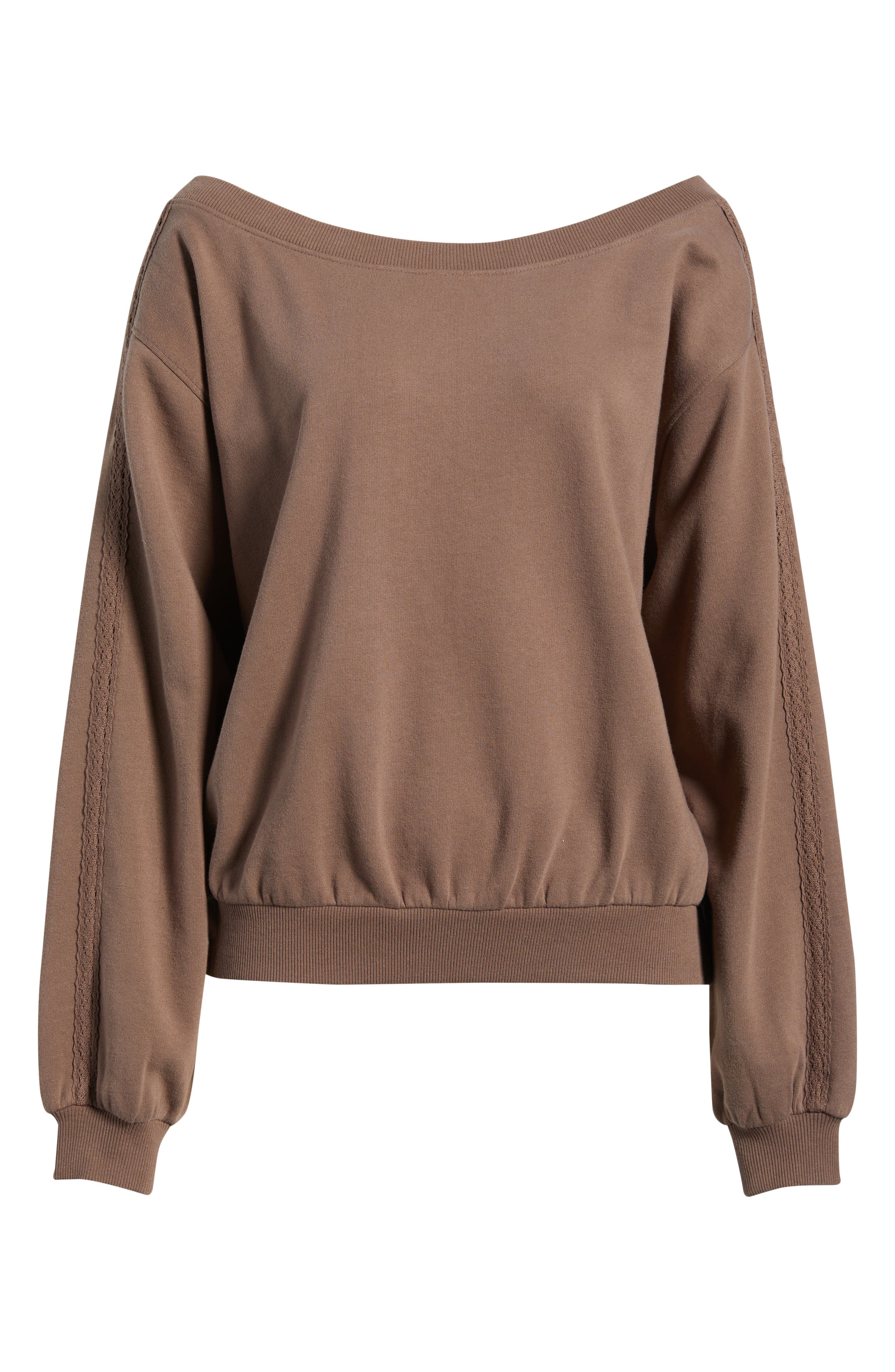 Bp. Lace Trim Off The Shoulder Cotton Blend Sweatshirt In Brown
