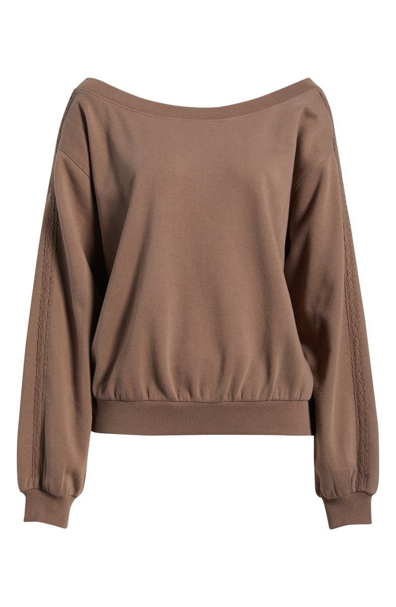 BP. Lace Trim Off the Shoulder Cotton Blend Sweatshirt, Main, color, Brown Quartz