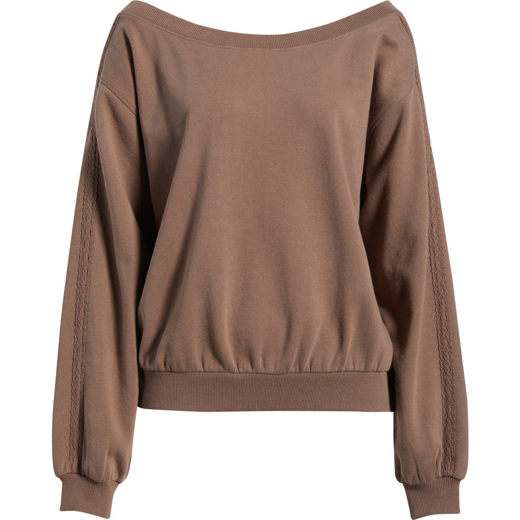 Bp. Lace Trim Off The Shoulder Cotton Blend Sweatshirt In Brown