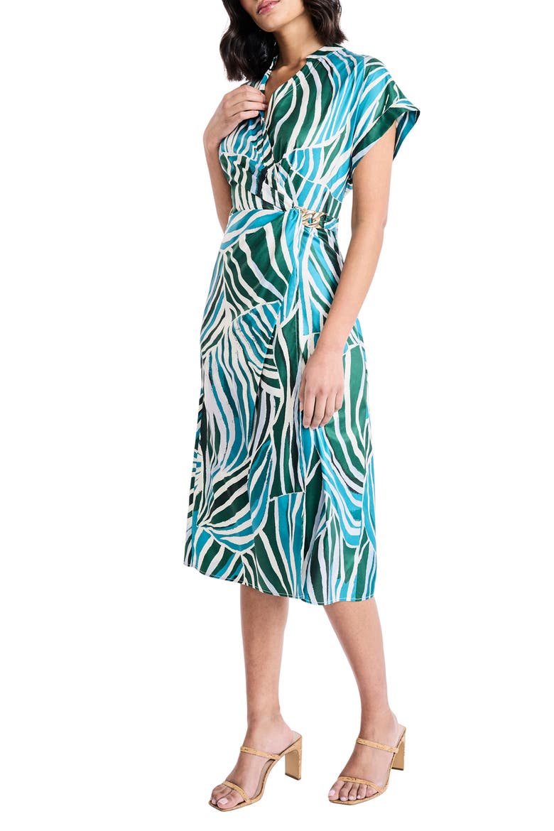 Cap Sleeve Chain Detail Faux Wrap Midi Dress, Alternate, color, CREAM/ TEAL