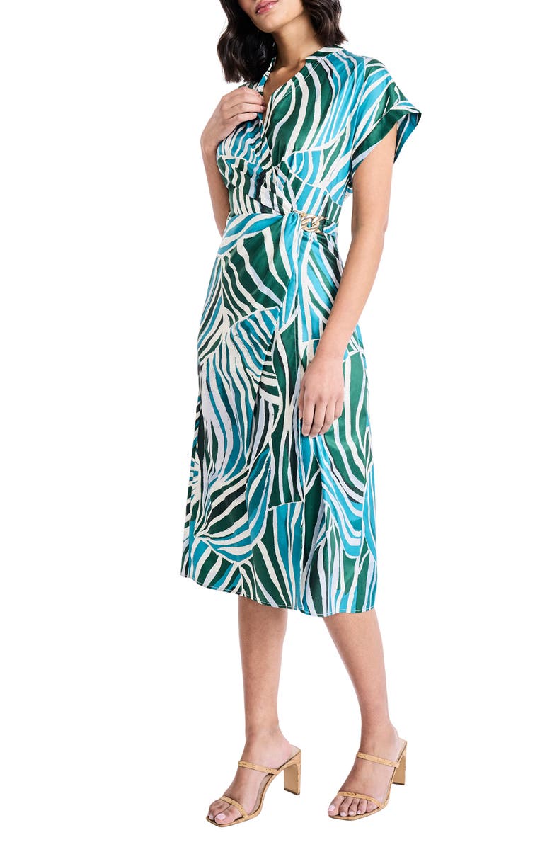 Maggy London Cap Sleeve Chain Detail Faux Wrap Midi Dress, Alternate, color, Cream/ Teal