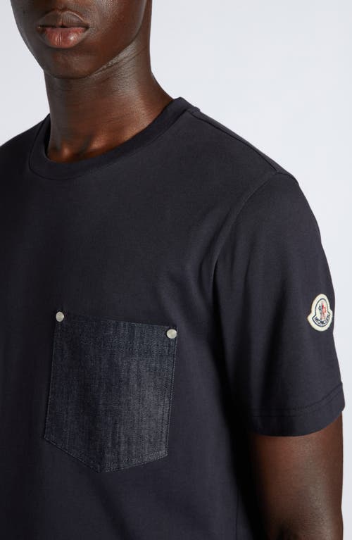 Moncler T-shirt En Coton Et Denim Avec Poche In Dark Navy Blue