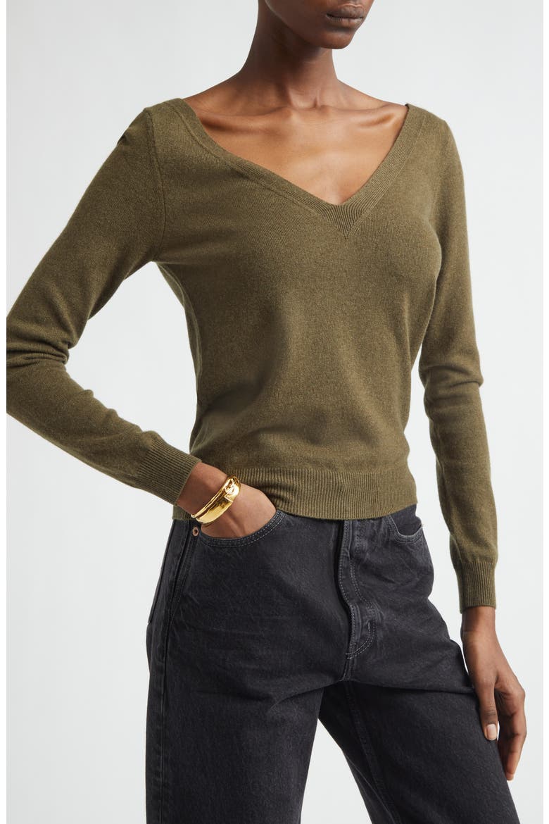 Deep V-Neck Cashmere Sweater, Alternate, color, KHAKI MILITAIRE