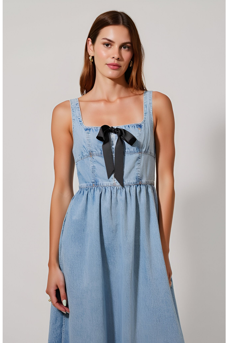 Denim Midi Dress with Bow Detail, Alternate, color, Light Blue
