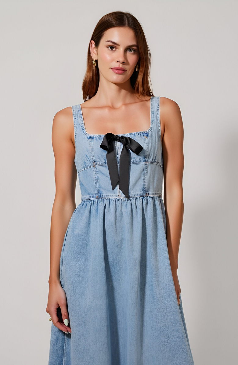 Modenaire Denim Midi Dress with Bow Detail, Alternate, color, Light Blue
