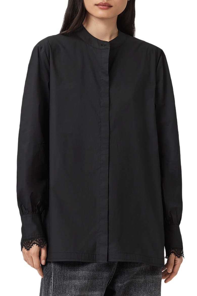Ethel Lace Trim Long Sleeve Woven Shirt, Main, color, BLACK