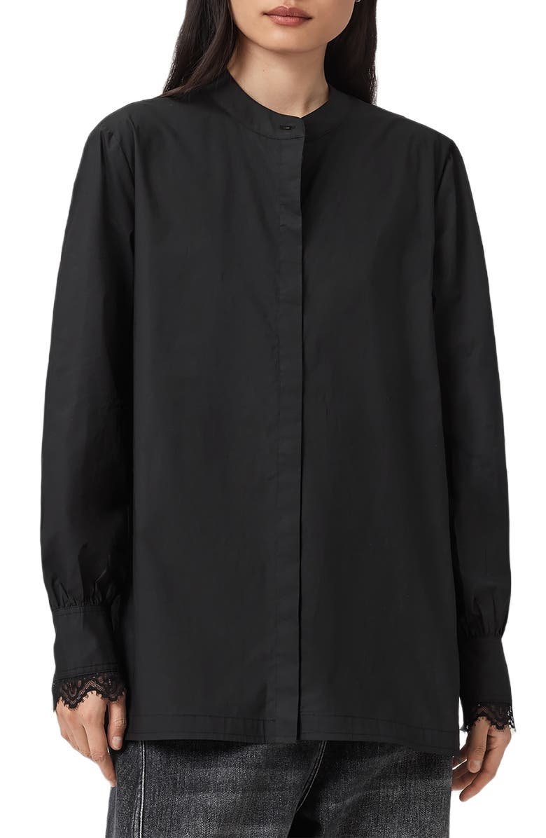 AllSaints Ethel Lace Trim Long Sleeve Woven Shirt, Main, color, Black