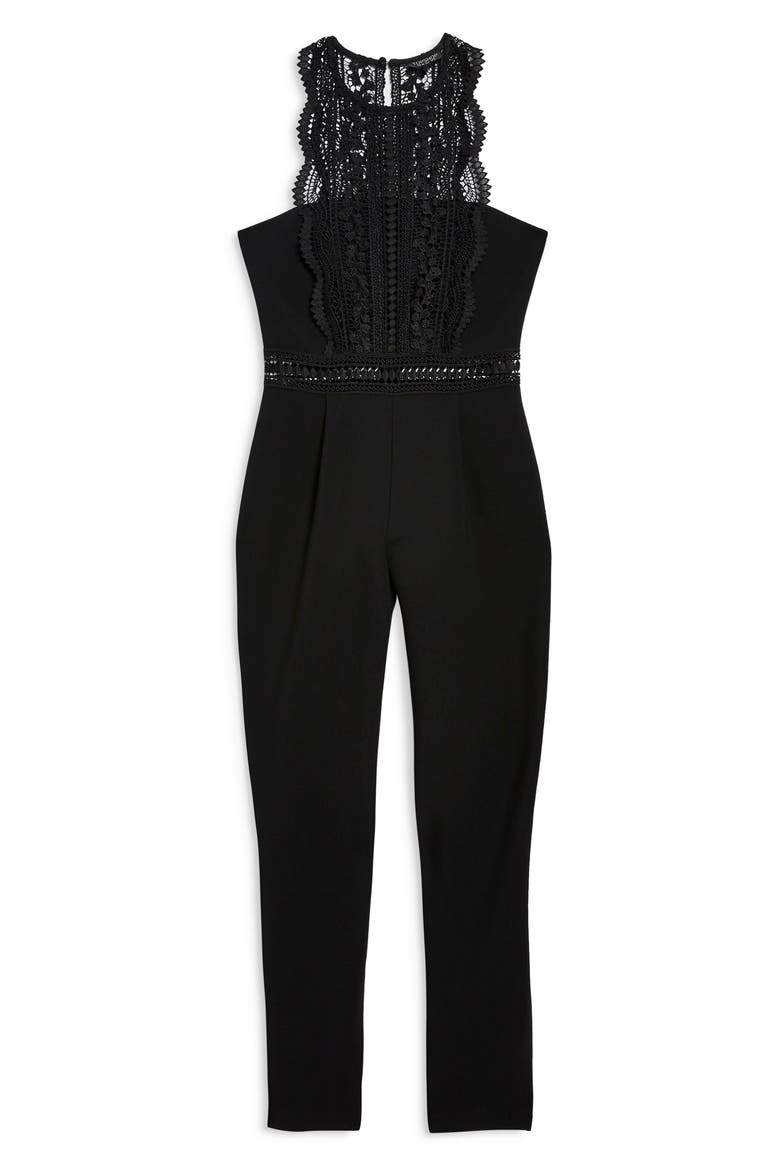 Saskia Lace Trim Jumpsuit, Alternate, color, BLACK