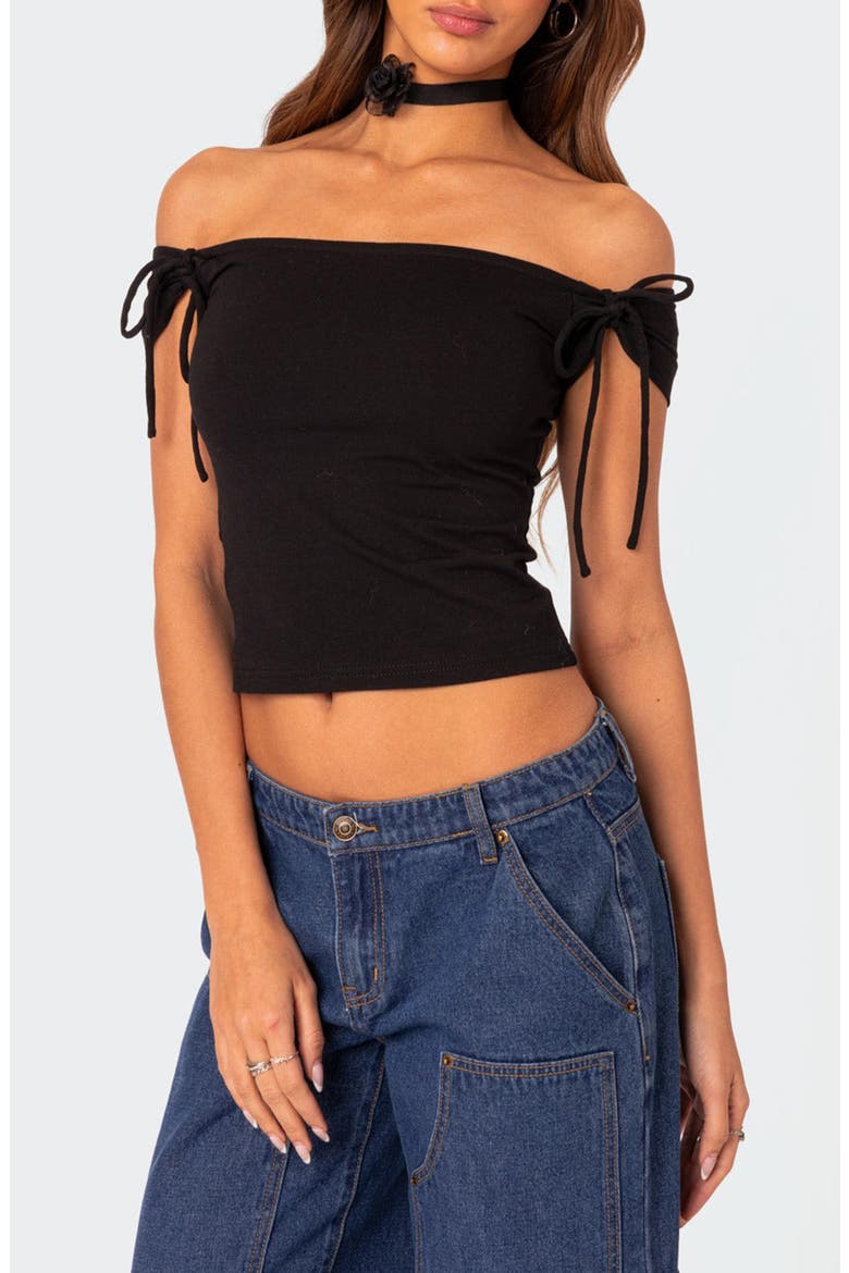 Jess Tie Sleeve Off the Shoulder Crop Top, Main, color, BLACK