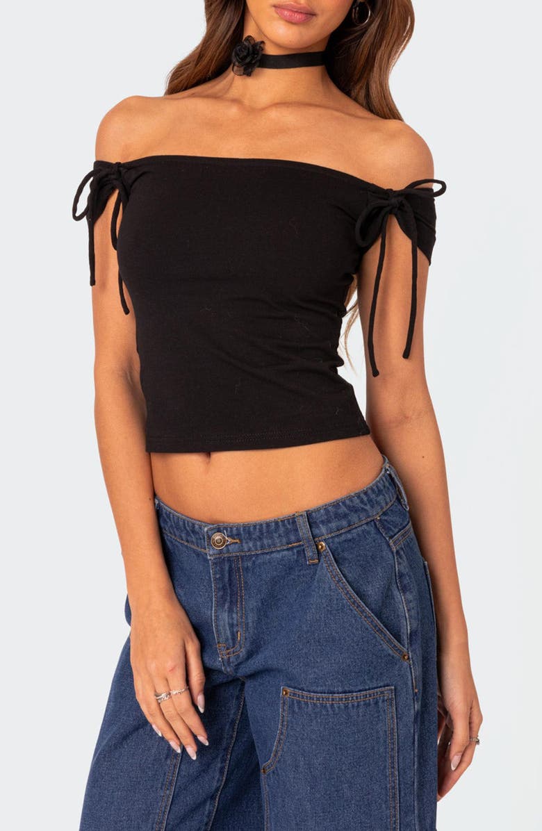EDIKTED Jess Tie Sleeve Off the Shoulder Crop Top, Main, color, Black