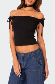 EDIKTED Jess Tie Sleeve Off the Shoulder Crop Top
