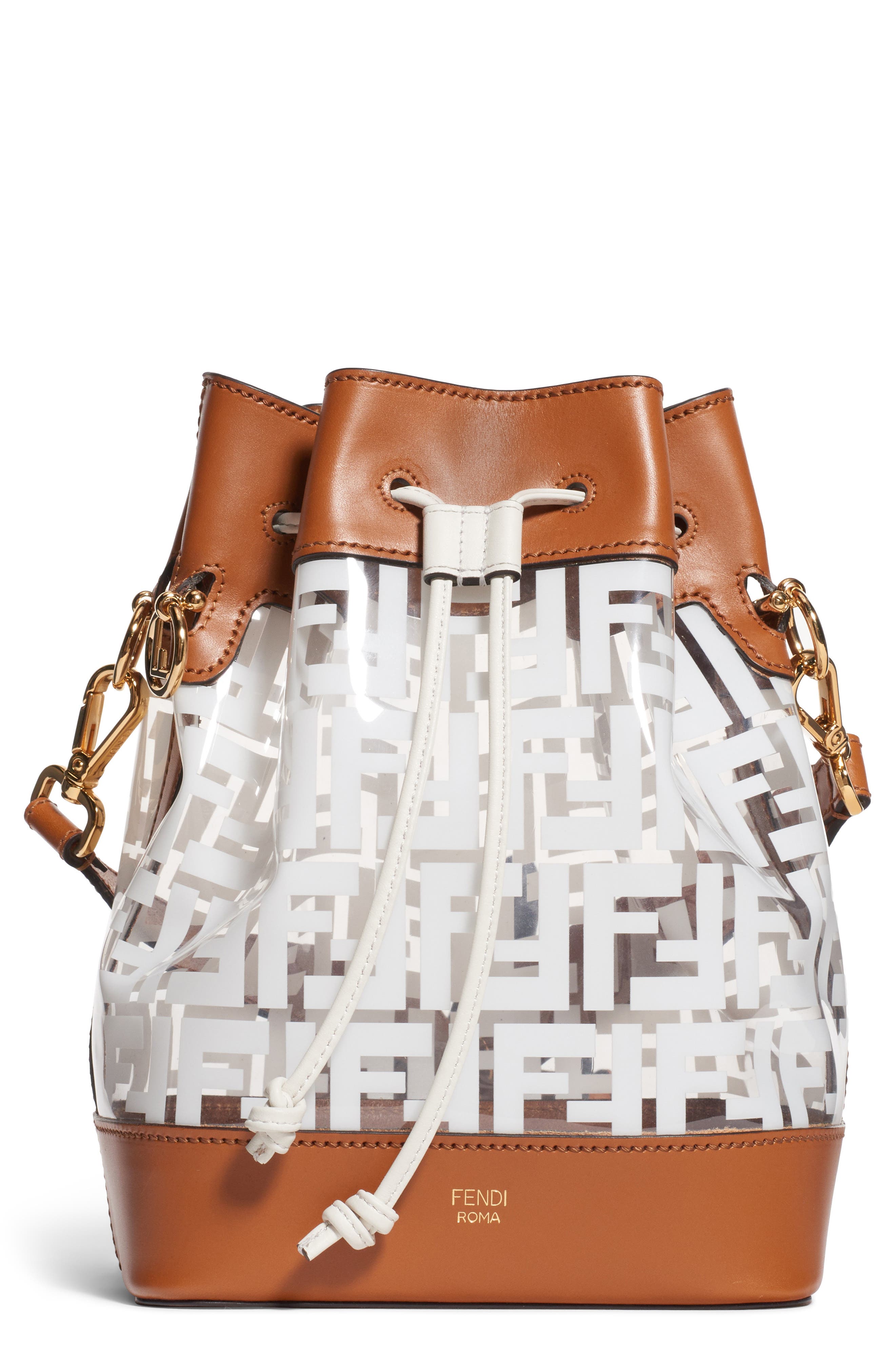 Mon Tresor Logo Transparent Bucket Bag, Main, color, BIANCO/ CUOIO/ ORO SOFT