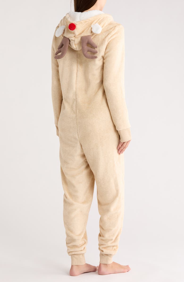 JACLYN Reindeer Hooded One-Piece Pajamas, Alternate, color, Heather Oatmeal Heather