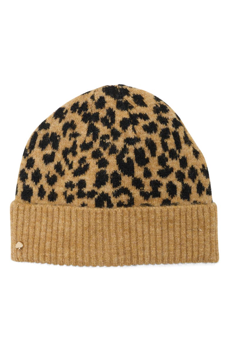 Kate Spade New York Leopard Beanie, Main, color, Black/ Light Tobacco