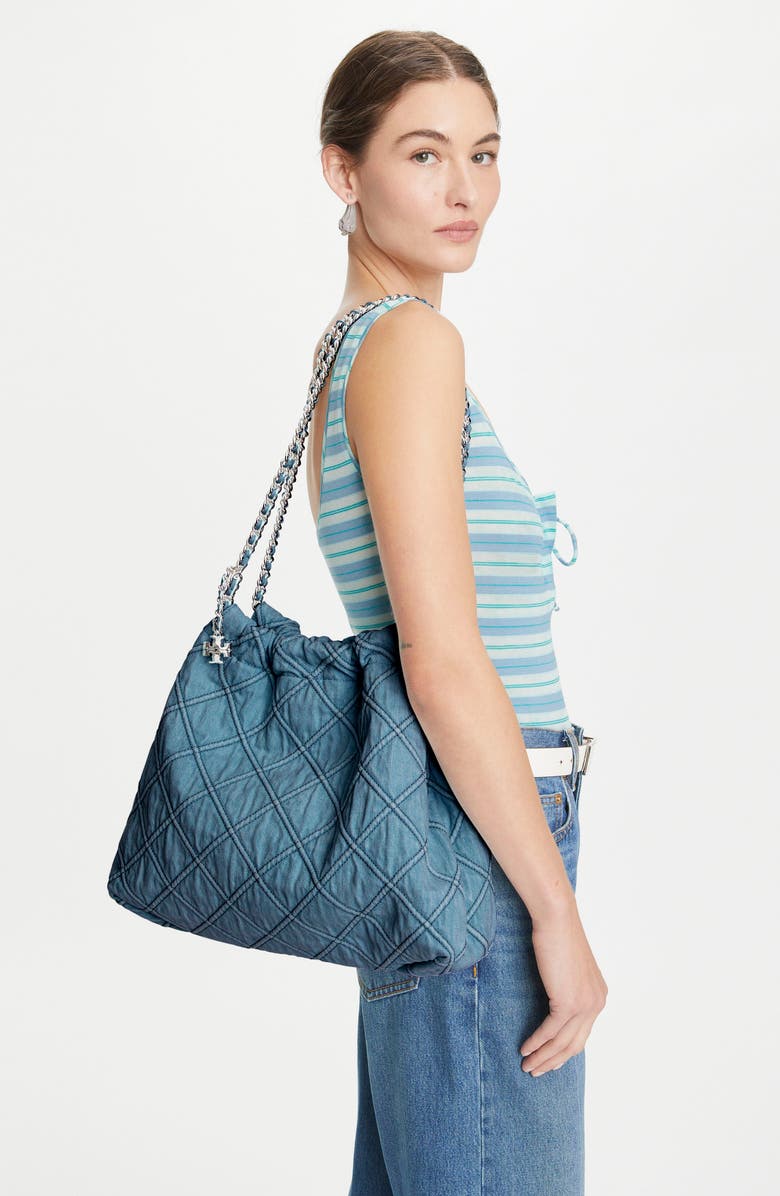 Tory Burch Fleming Soft Quilted Denim Hobo Bag, Alternate, color, Denim