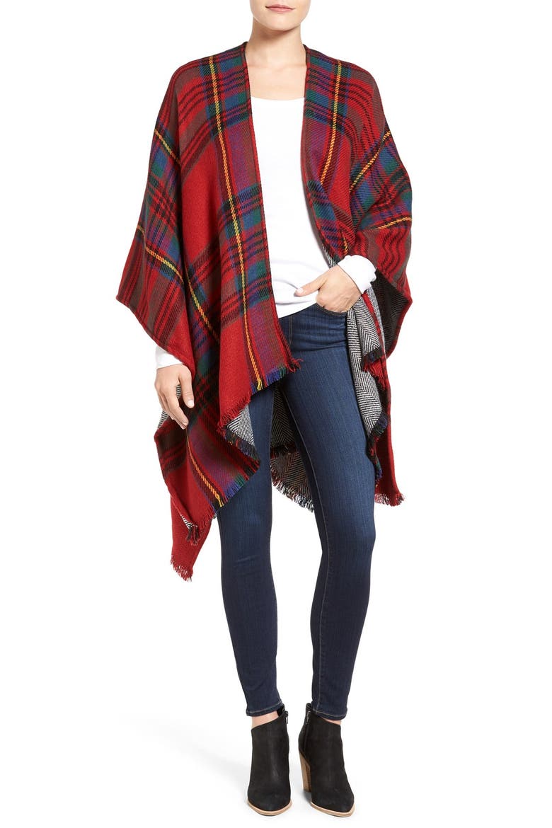 Reversible Plaid & Herringbone Cape, Main, color, RED
