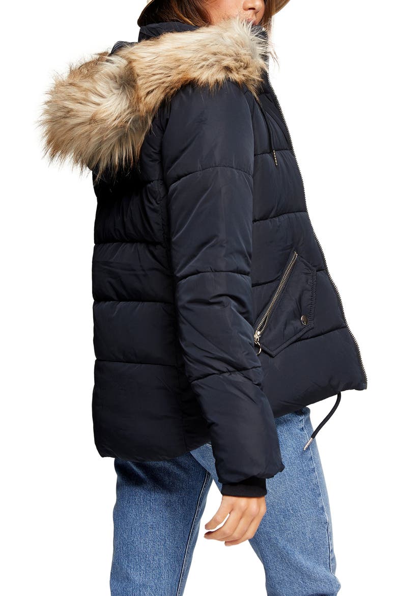 Frieda Faux Fur Trim Jacket, Alternate, color, NAVY BLUE