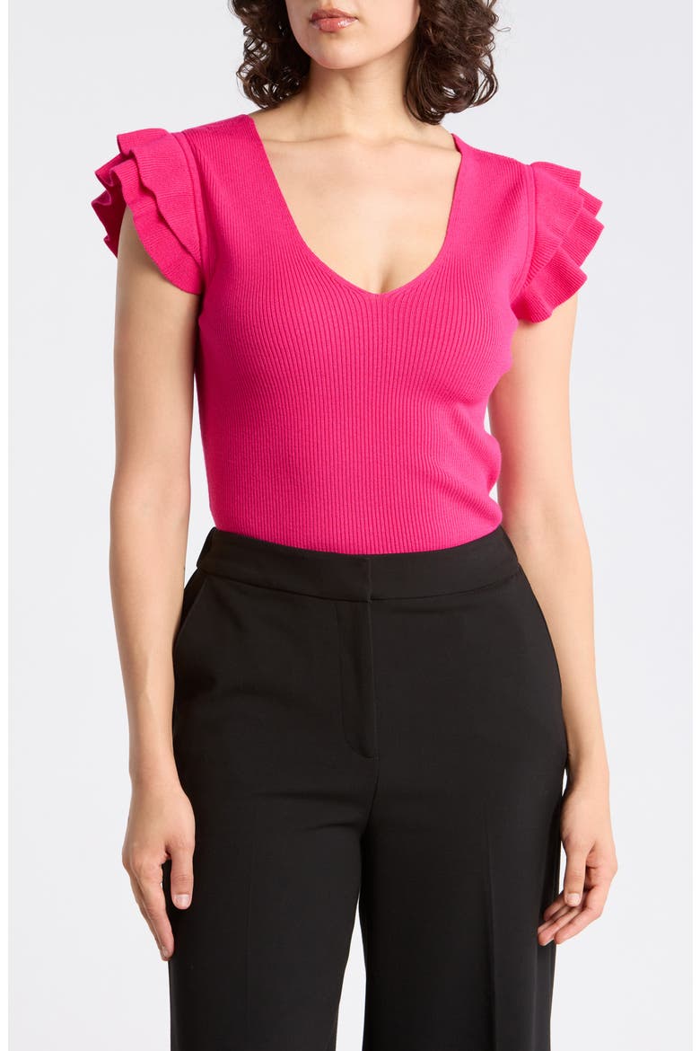 Ruffle Sleeve Fitted Sweater, Main, color, ROSA
