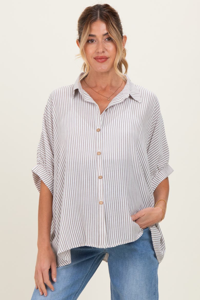 Striped Boxy Button Down Top, Alternate, color, Brown