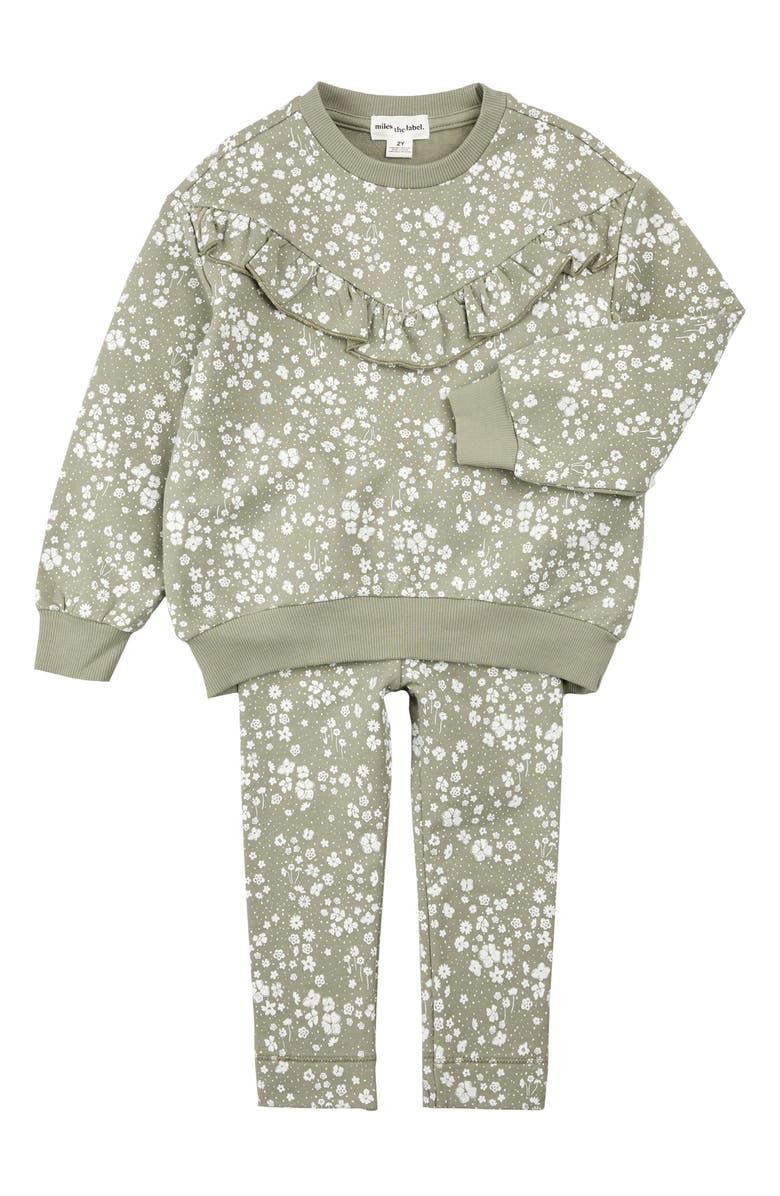MILES THE LABEL Floral Ruffle Sweatshirt & Leggings Set, Main, color, Dusty Green
