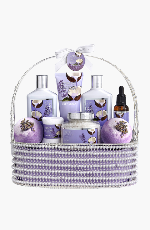 Lavender Coconut Home Spa Gift Set - Handmade Pearl Basket - 9pc