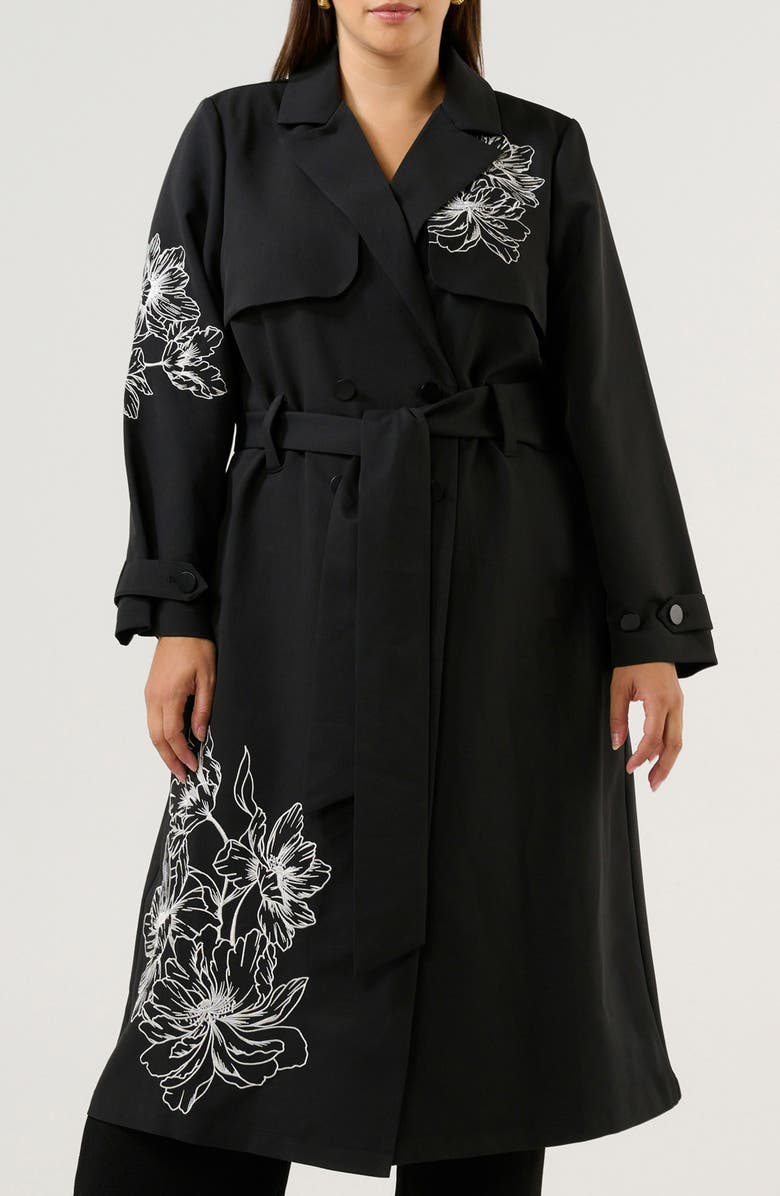 Estelle Monet Embroidered Double Breasted Trench Coat, Main, color, Black/ Cream