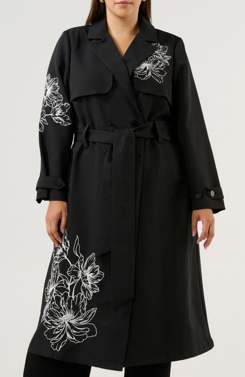 Monet Embroidered Double Breasted Trench Coat (Plus)
